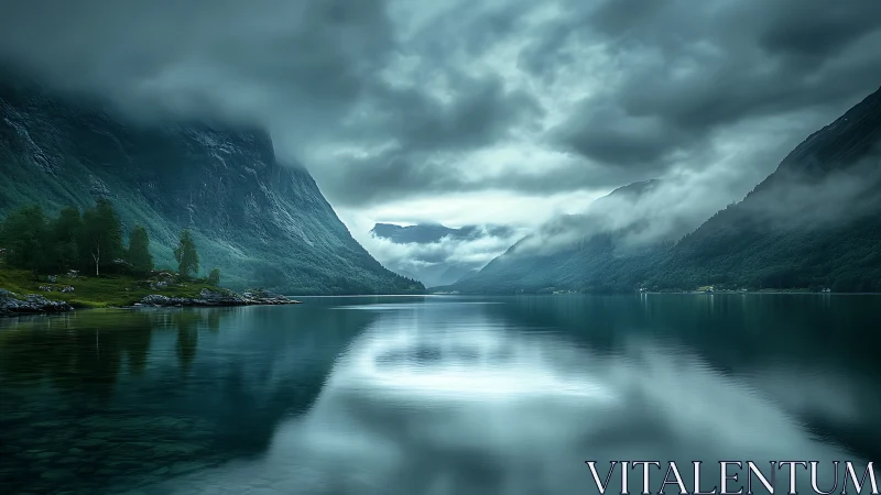 Moody mountain fjord under brooding clouds at dawn.