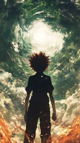 Silhouetted anime hero beneath swirling celestial vortex.