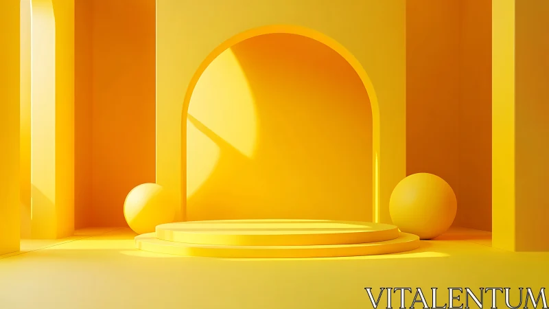 Monochrome yellow 3D arch stage with geometric sphere props