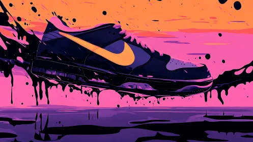 Pop art sneaker splash against neon sunset gradient background.