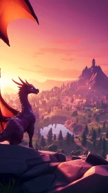 Dragon overlooks stylized valley landscape at sunset light