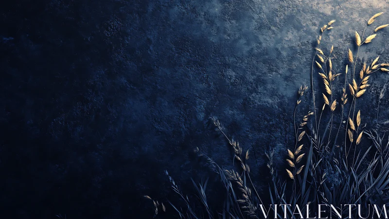 Golden grass blades against dark textured blue wall.