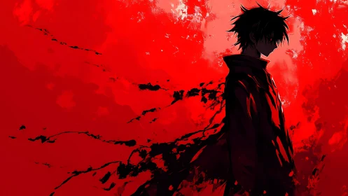 Dark anime figure in red abstract splattered background.