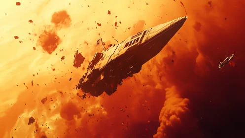 Massive starship drifts through blazing orange nebula wreckage