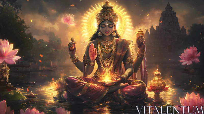 Divine goddess seated on lotus with radiant aureole and fire