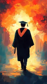 Graduation silhouette walking into radiant abstract light.