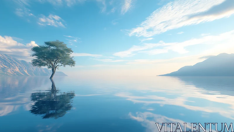 Solitary lakeside tree reflects on glassy water under azure sky