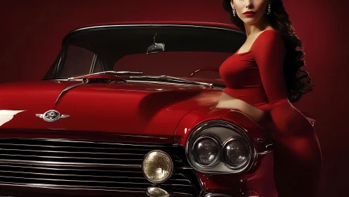 Woman in red beside polished classic red coupe car.