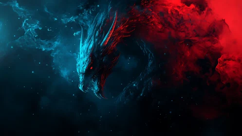 Bicolor cosmic dragon emerging through swirling nebula.