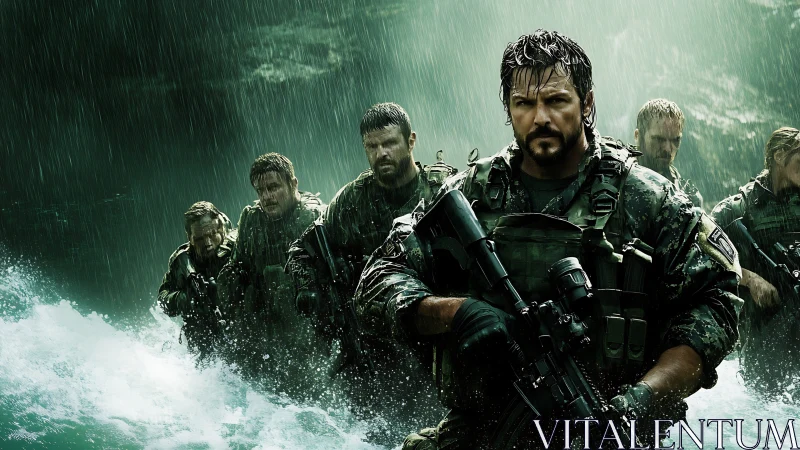 Battle-hardened special forces unit advances through storm.