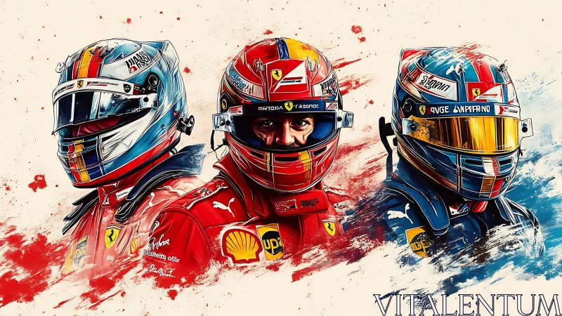 Helmeted racing drivers in stylized triptych composition.
