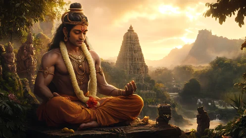 Golden hour meditation welcomes peace beside ancient temple