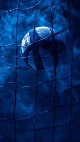 Glowing blue volleyball caught in net under smoky night sky.