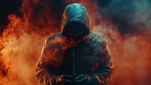 Hooded figure stands in dense orange and teal smoke