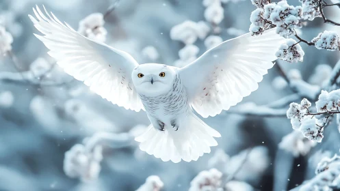 Snowy owl in flight over winter forest, high-detail wildlife photo.
