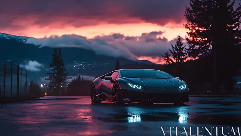 Midnight supercar poised beneath a glowing mountain sky.
