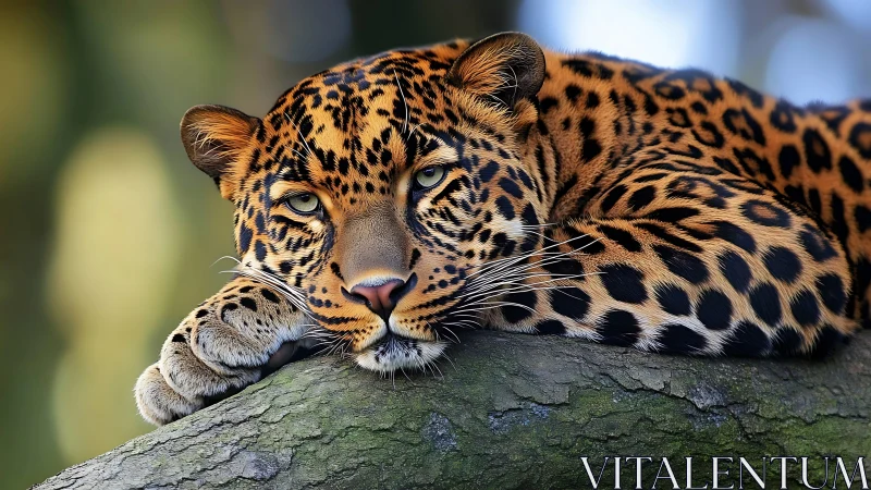 Leopard Resting on Branch with Piercing Green Eyes.