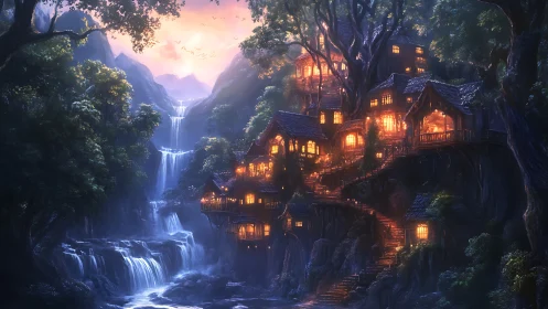 Glowing forest cliff village beside cascading waterfalls at dusk.