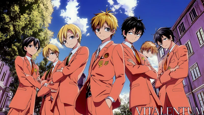 Sunlit campus squad in coral uniforms striking quiet rebellion.