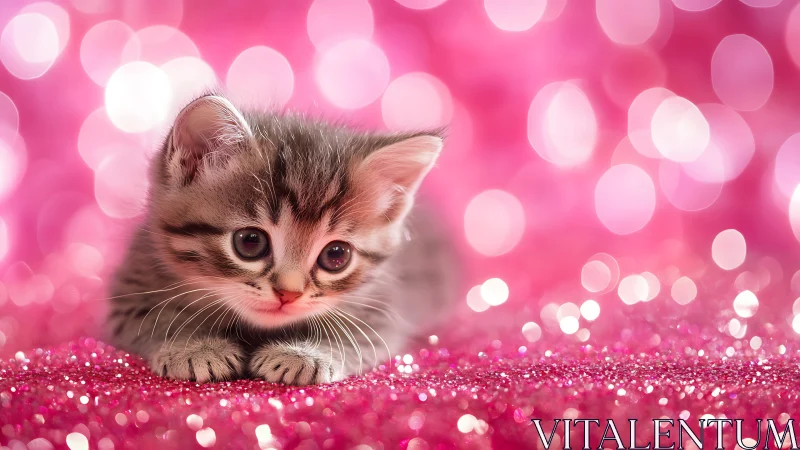 Tiny tabby kitten rests on sparkling pink glitter bokeh.