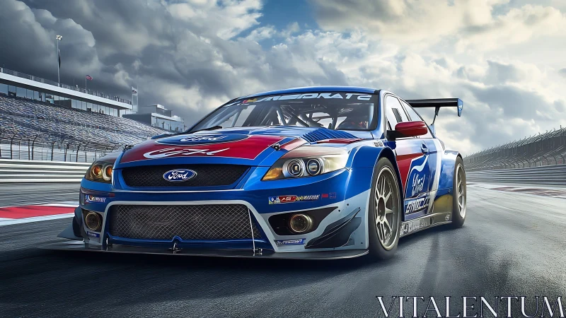 Photorealistic touring race car with dynamic low-angle track view.