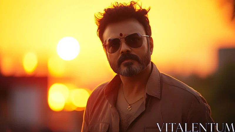 Bearded man in sunglasses stands before vivid sunset glow