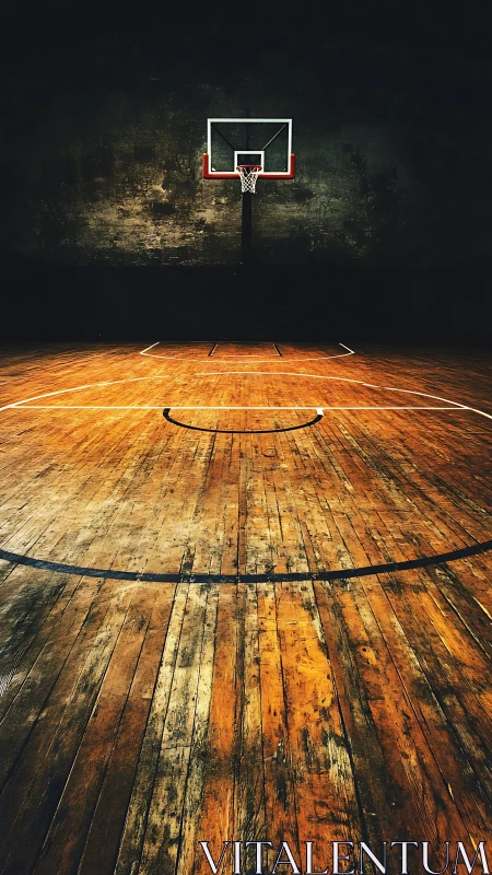 Single basketball hoop dominates moody, low-key indoor court