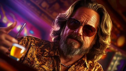 Cinematic bar portrait with saturated bokeh and rim lighting.