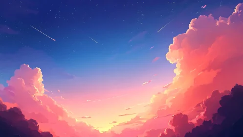Dreamy sunset sky glows softly with clouds and falling stars
