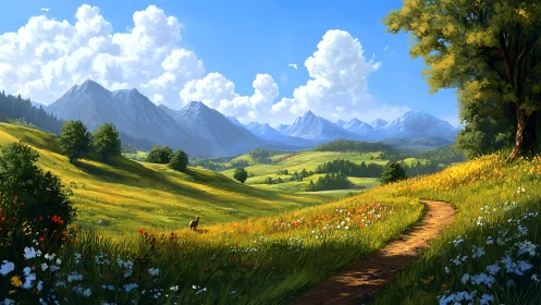 Golden valley path leads toward calm distant mountain peaks