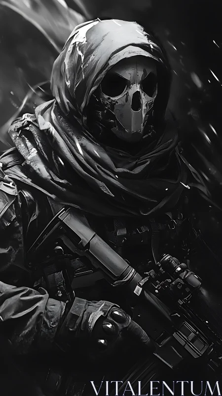 Hooded skull-masked soldier grips tactical rifle in storm