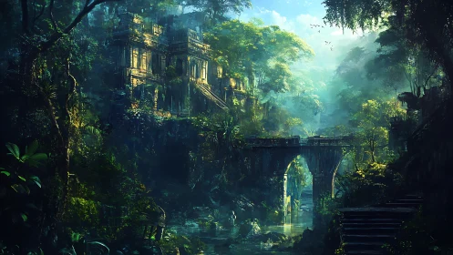Luminous jungle citadel with eroded aqueduct bridge remnants.