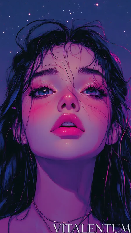 Starlit neon portrait with upward gaze and violet glow.