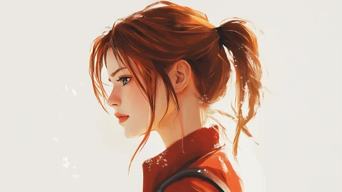 Thoughtful red-haired girl in warm painterly profile portrait.