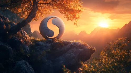 Stone yin yang sphere crowns cliff under blazing sunset.