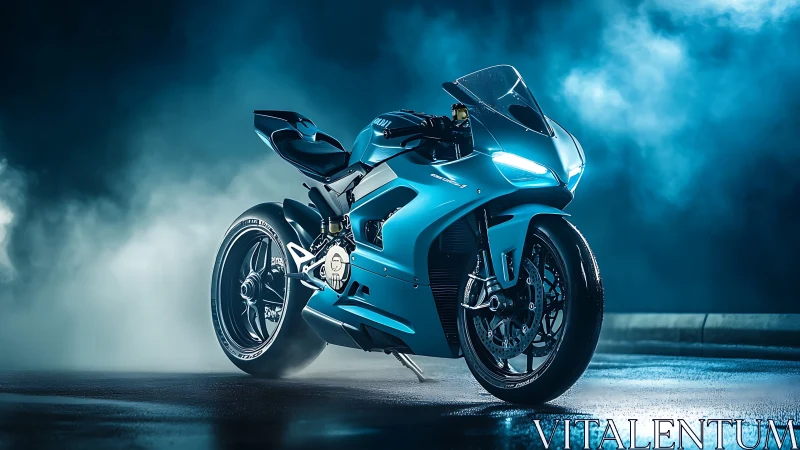 Electric blue superbike in cinematic low-key fog lighting.