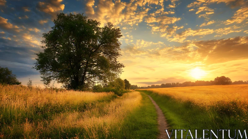Country path through summer fields at low sunset light period.