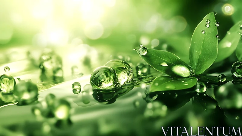 Glowing green droplets resting softly on luminous leaves.