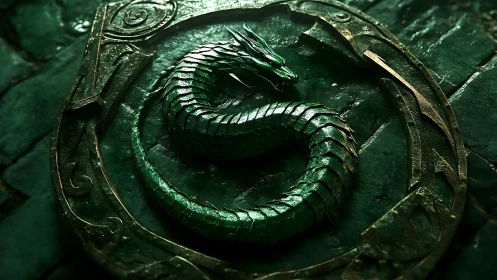 3D emerald dragon sigil in engraved circular stone setting.