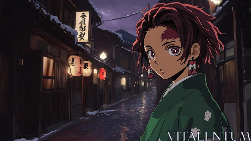 Lanternlit winter alley cradles a wide-eyed kimono wanderer.