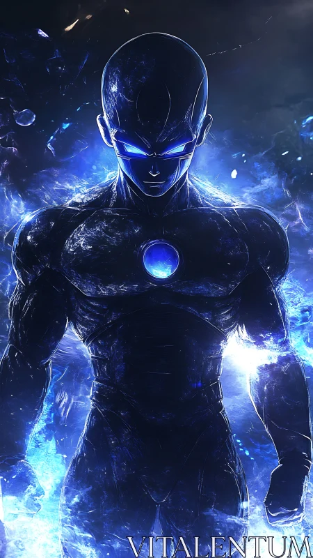 Cyborg guardian stands in blue energy storm with glowing core