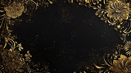 Black background with gold decorative floral ornamental borders framing central space.