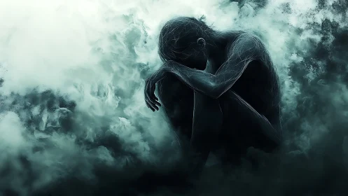 Solitary figure curled in dense swirling mist clouds.