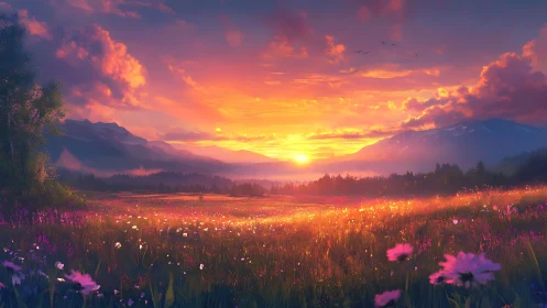 Sunlit alpine meadow rendered with saturated atmospheric gradients