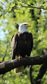 Bald eagle grips mossy branch under soft spring light.