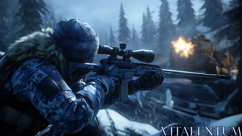 Sniper operative engaging target in winter landscape setting.