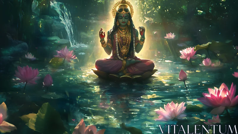 Lotus lake serenity with radiant meditating goddess figure.