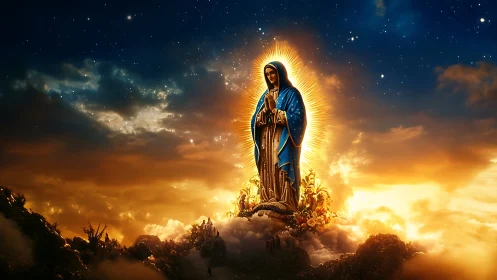 Radiant robed figure over clouds with celestial sunrise glow.