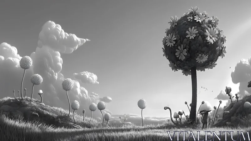 Surreal grayscale meadow with stylized trees and clouds.
