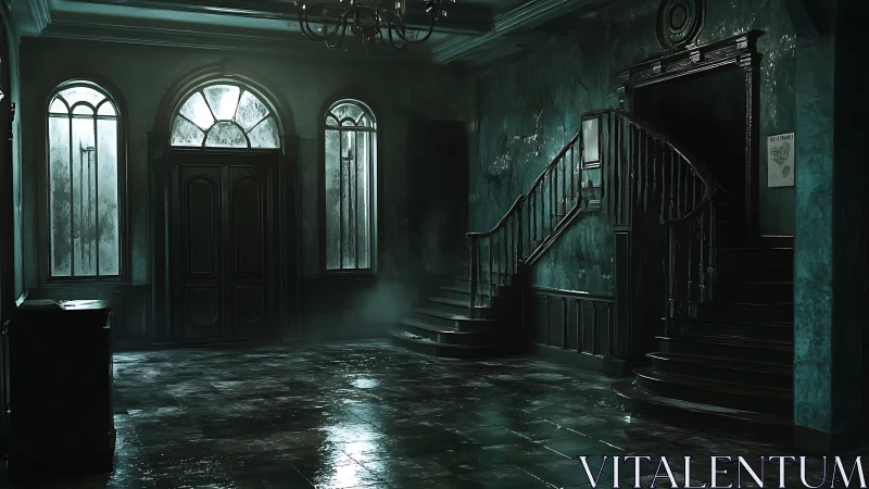 Cinematic haunted foyer interior with decayed stairwell design.